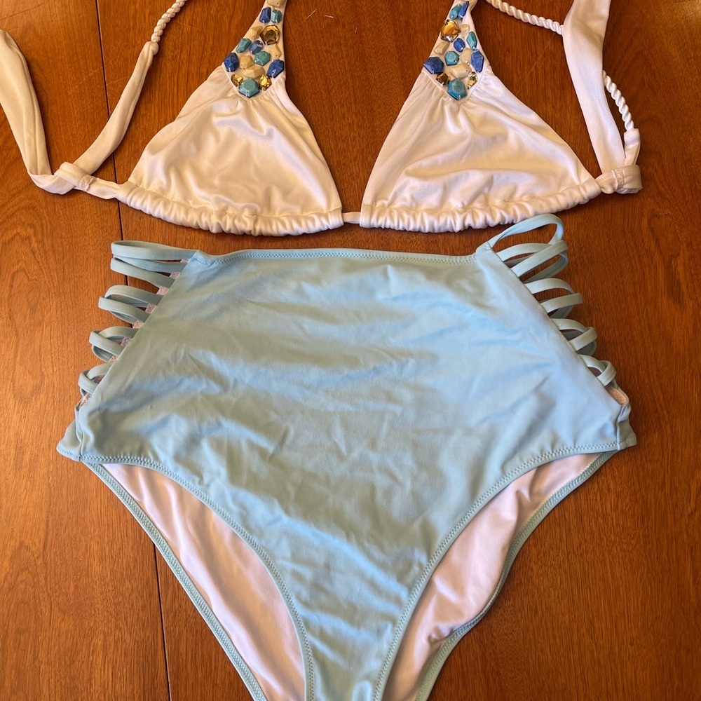 Retro Victoria Secret White and Light Blue Bikini Set with Beaded Detail